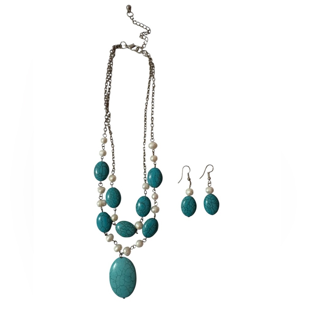 Turquoise Stone & Pearl Statement Necklace Set w/ Matching Earrings
